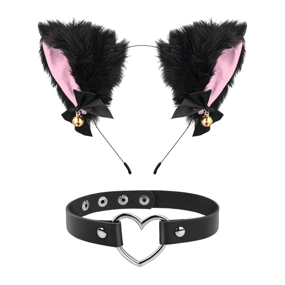 NWT Cat Ears + Choker Set Black & Pink Cute Bell Furry Ears Heart Necklace Goth